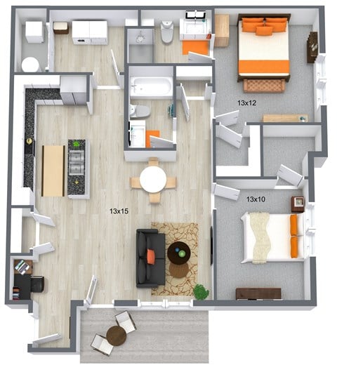 Floor plan for 2 beds, 2 baths, 1160 sqft